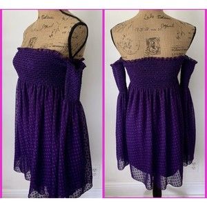 Betsey Johnson Chiffon Purple on Purple Polka Dots Tunic Dress Off Shoulder S